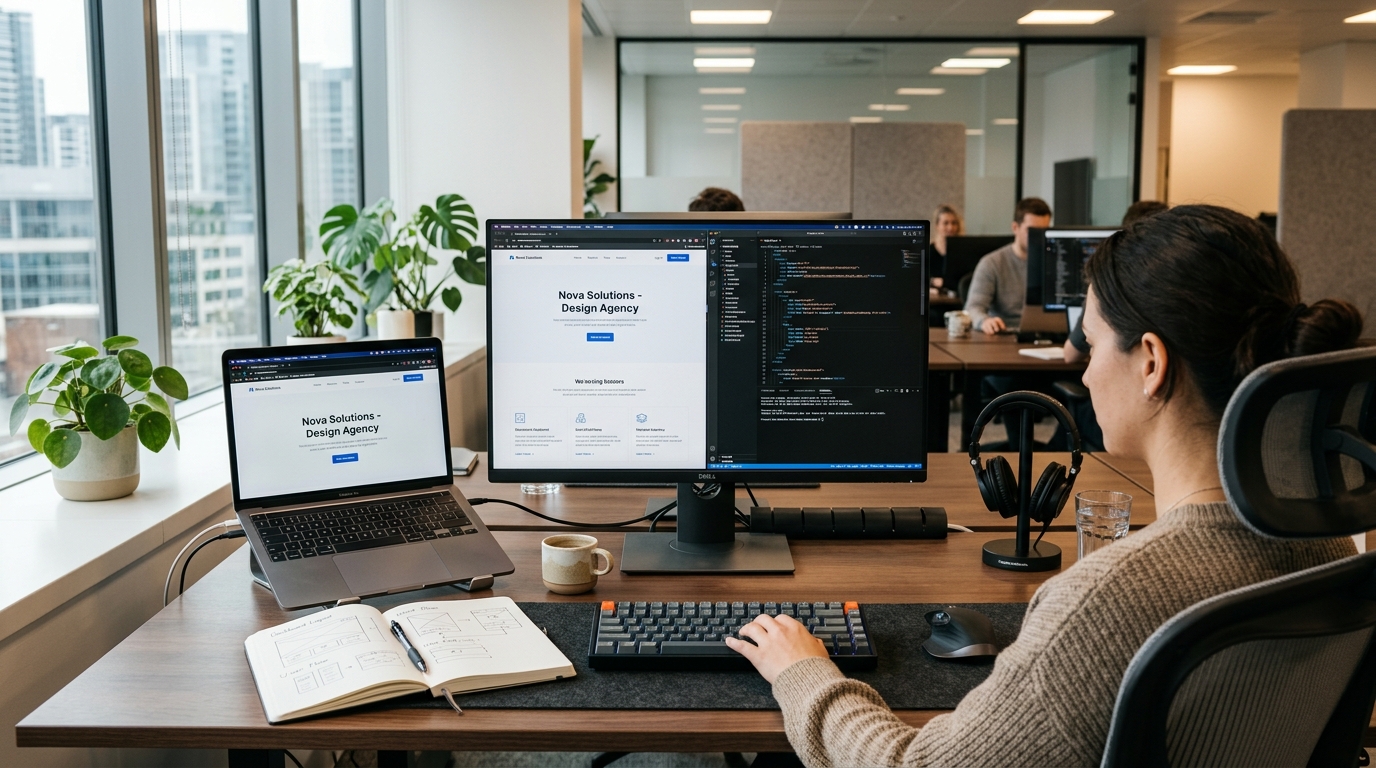 Focus Infotech developer workspace showing responsive design and code implementation